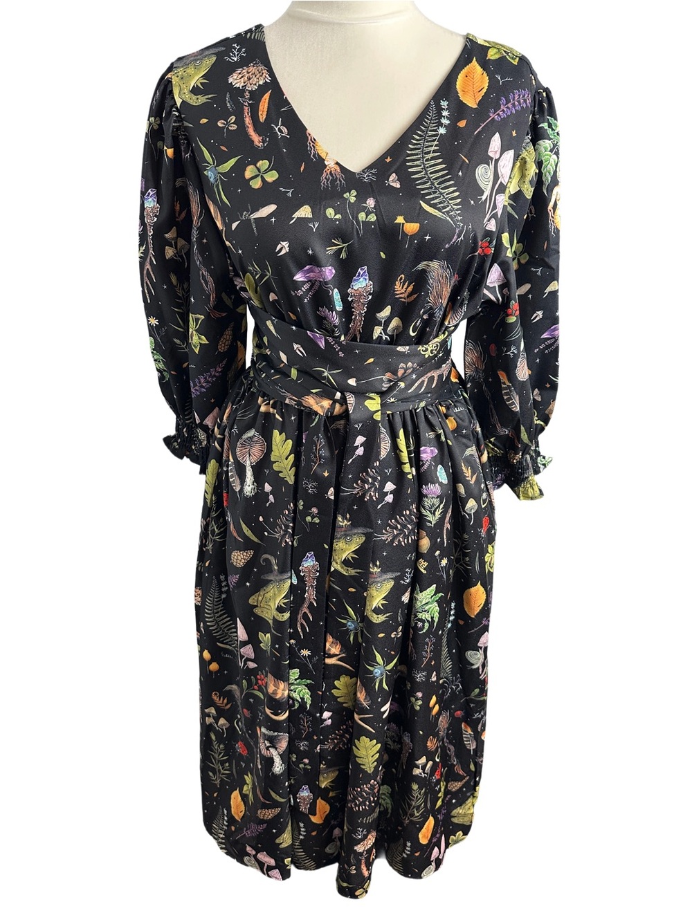 Whimsy Goth Potions Botanical Print MIDI Dress with Wrap Around Belt by Coramoon